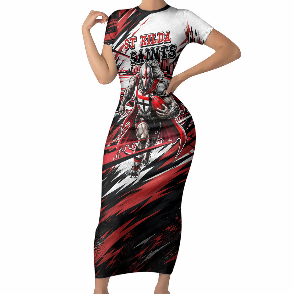 Personalised St Kilda Saints Fan Pride Short Sleeve Bodycon Dress Crusader Mascot Graphic Art With Melbourne City Skyline