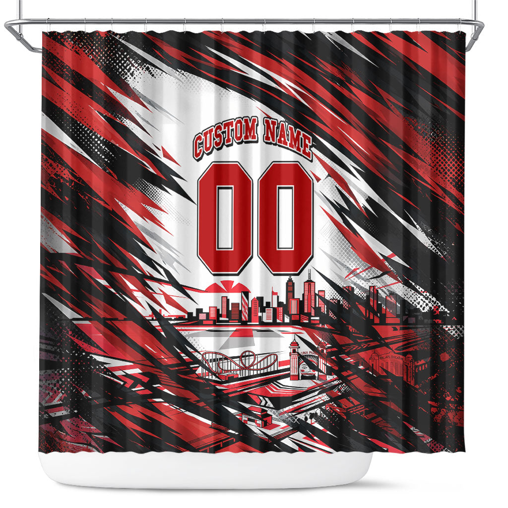Personalised St Kilda Saints Fan Pride Shower Curtain Crusader Mascot Graphic Art With Melbourne City Skyline