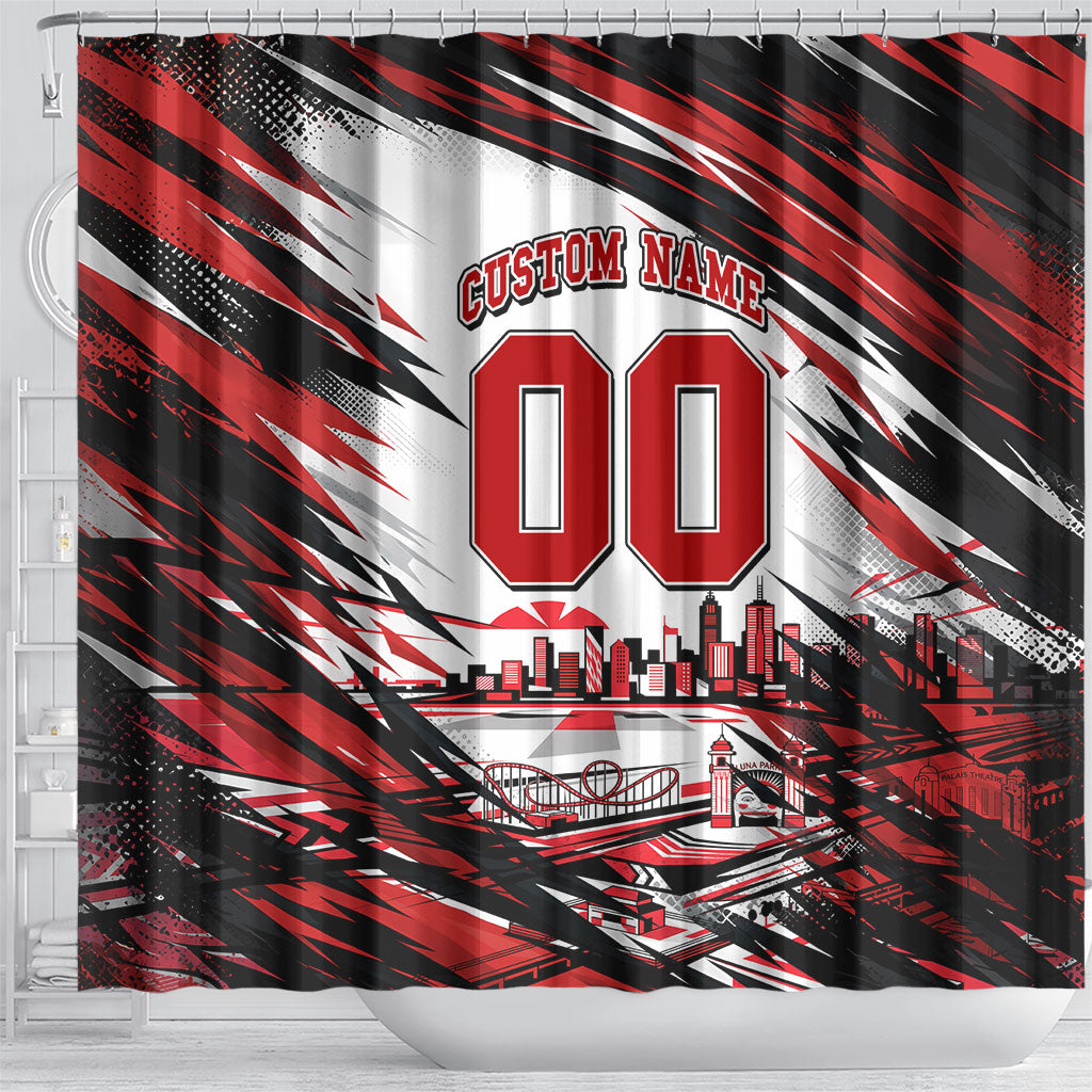 Personalised St Kilda Saints Fan Pride Shower Curtain Crusader Mascot Graphic Art With Melbourne City Skyline