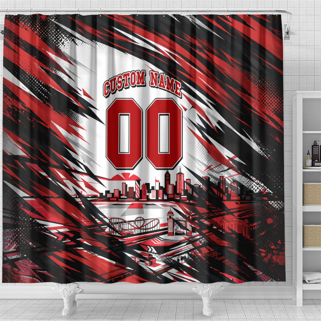 Personalised St Kilda Saints Fan Pride Shower Curtain Crusader Mascot Graphic Art With Melbourne City Skyline