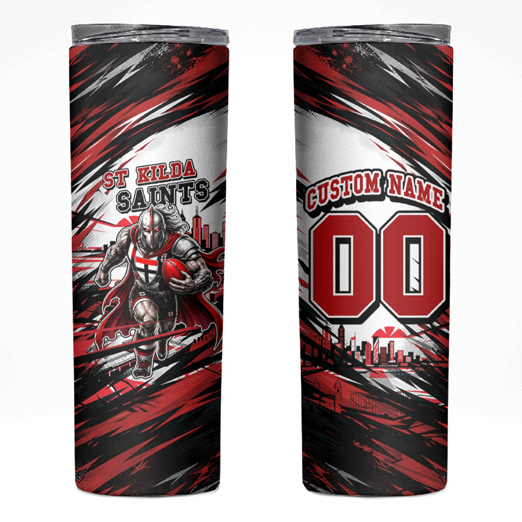 Personalised St Kilda Saints Fan Pride Skinny Tumbler Crusader Mascot Graphic Art With Melbourne City Skyline