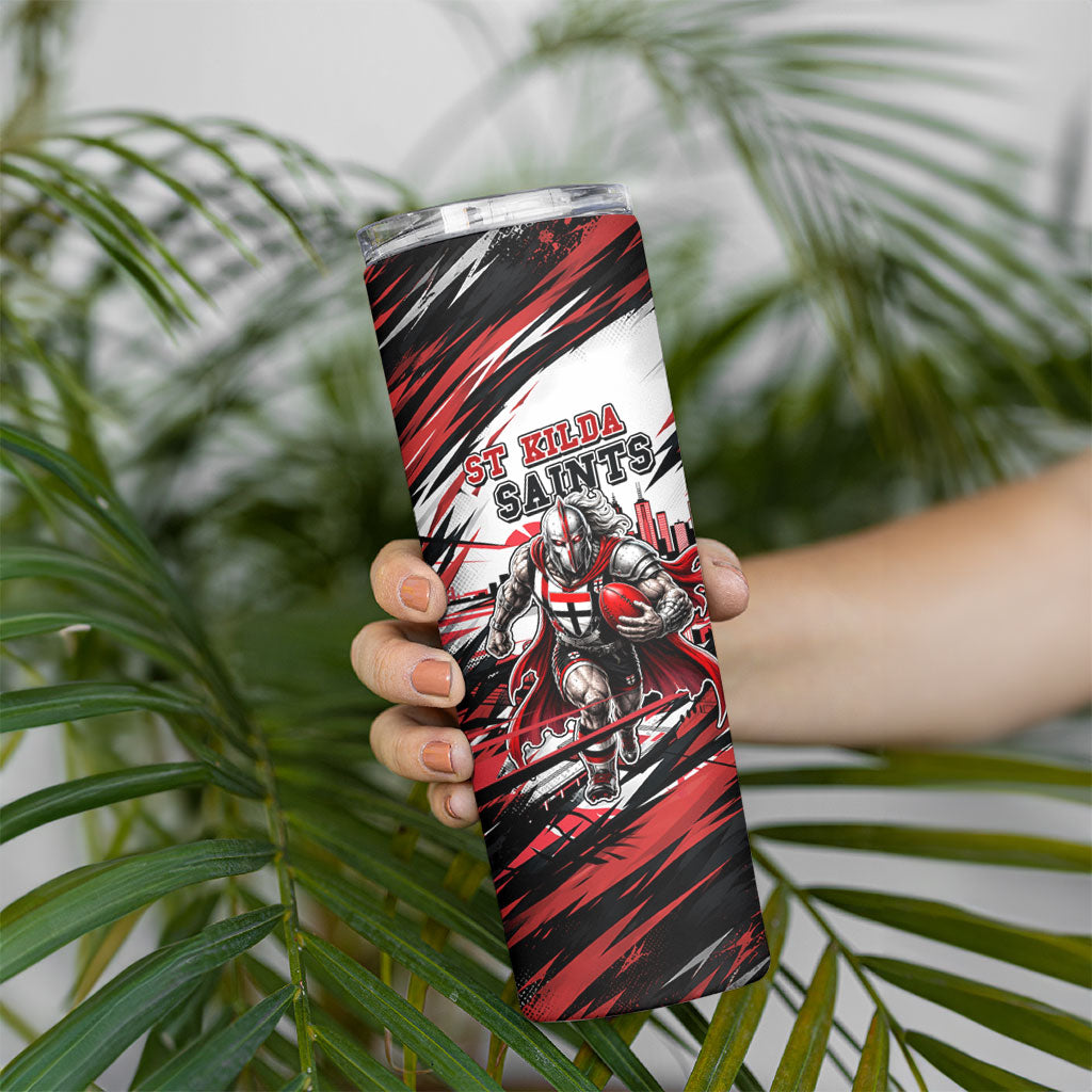 Personalised St Kilda Saints Fan Pride Skinny Tumbler Crusader Mascot Graphic Art With Melbourne City Skyline