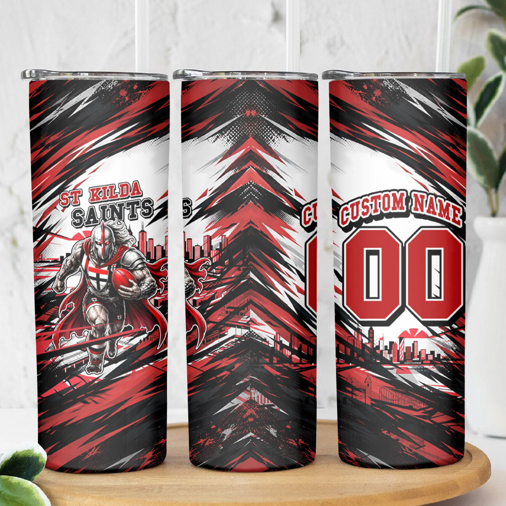 Personalised St Kilda Saints Fan Pride Skinny Tumbler Crusader Mascot Graphic Art With Melbourne City Skyline