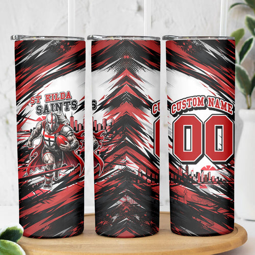 Personalised St Kilda Saints Fan Pride Skinny Tumbler Crusader Mascot Graphic Art With Melbourne City Skyline