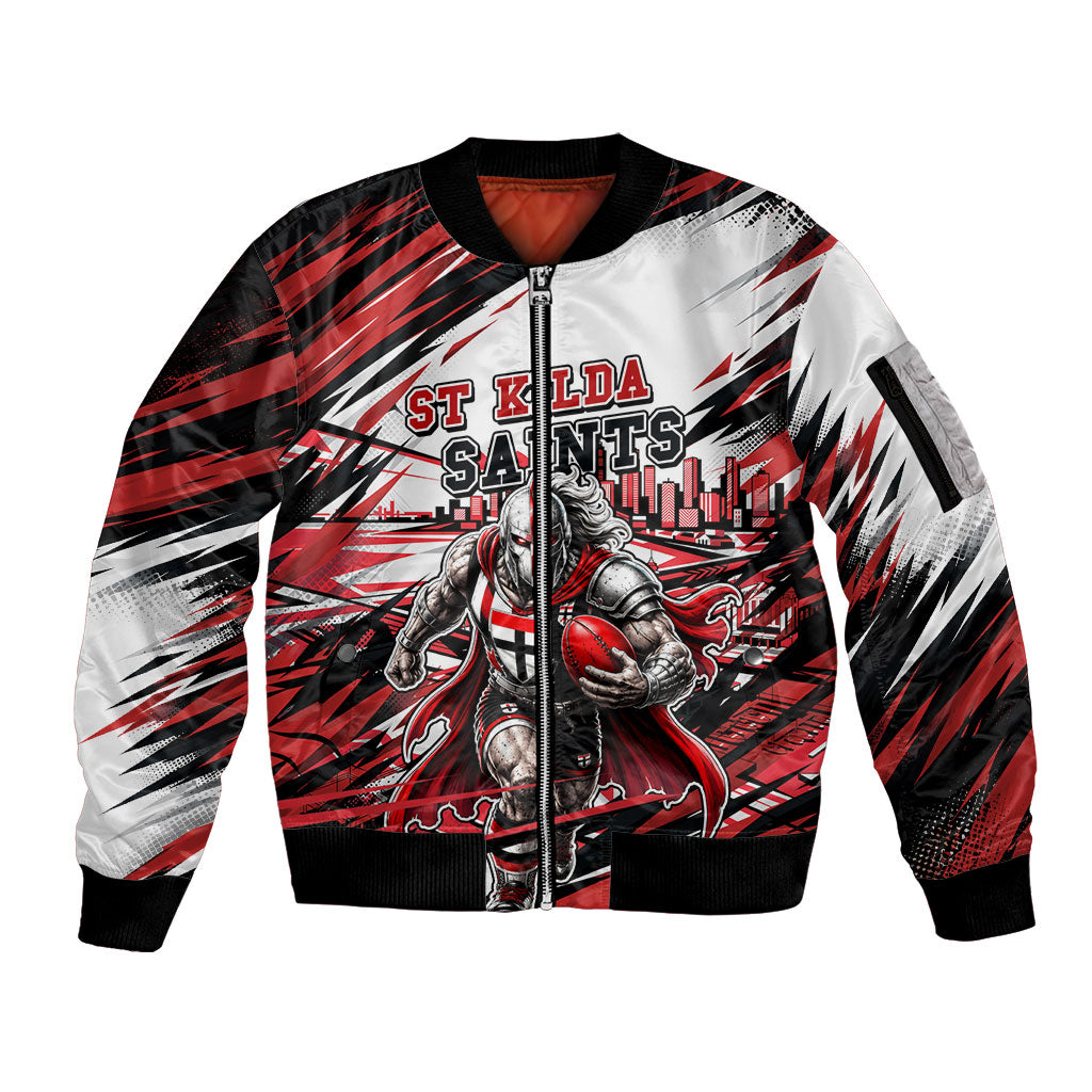Personalised St Kilda Saints Fan Pride Sleeve Zip Bomber Jacket Crusader Mascot Graphic Art With Melbourne City Skyline