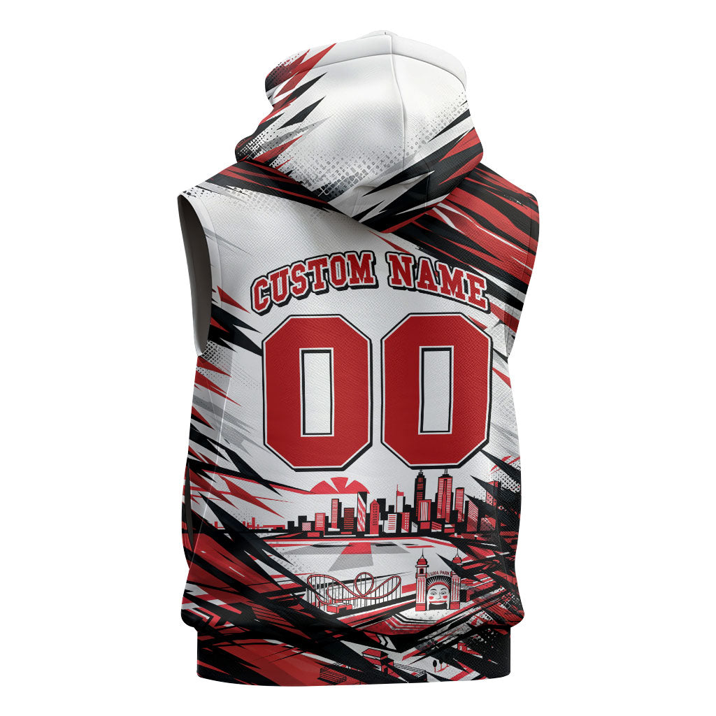 Personalised St Kilda Saints Fan Pride Sleeveless Hoodie Crusader Mascot Graphic Art With Melbourne City Skyline