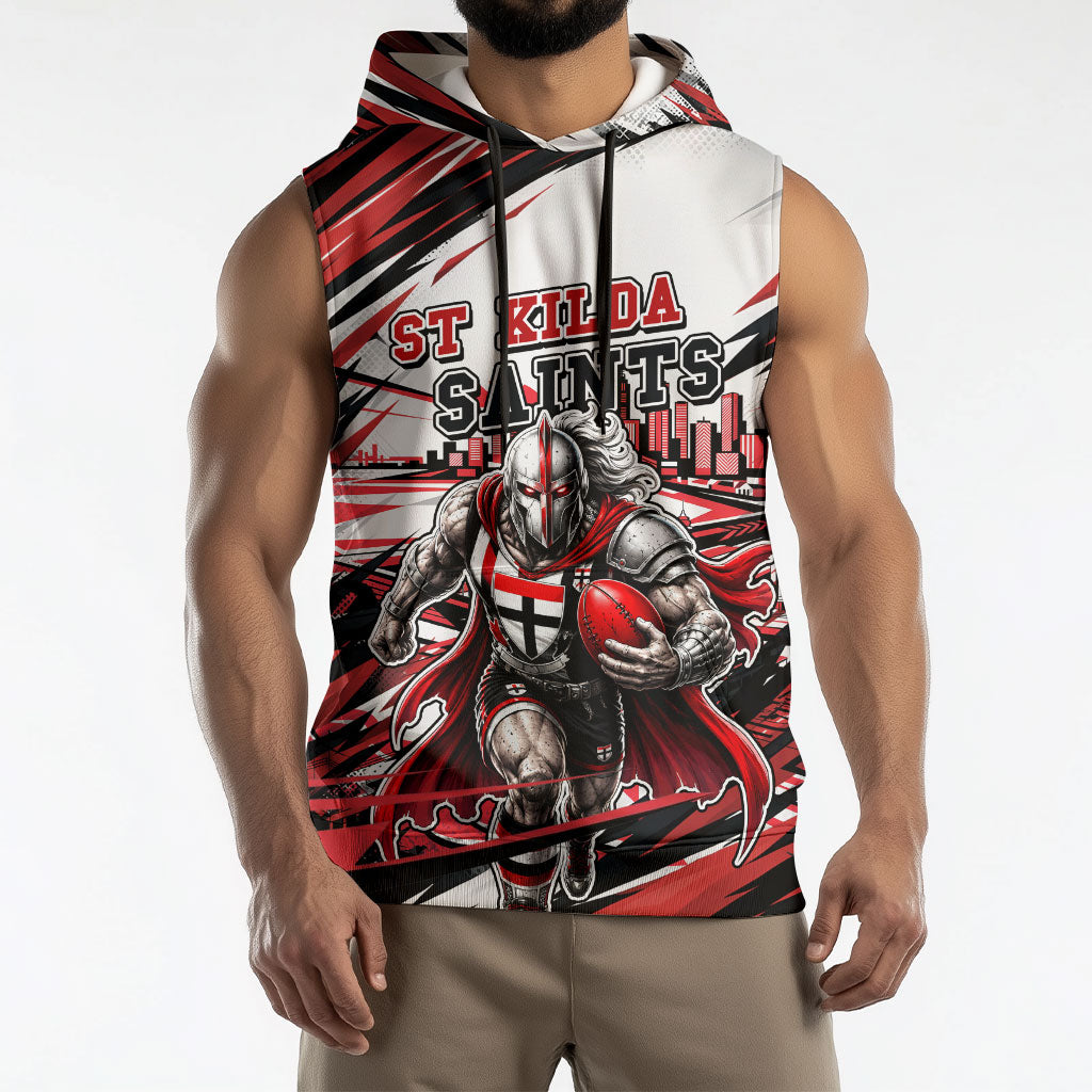 Personalised St Kilda Saints Fan Pride Sleeveless Hoodie Crusader Mascot Graphic Art With Melbourne City Skyline