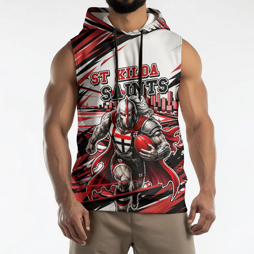 Personalised St Kilda Saints Fan Pride Sleeveless Hoodie Crusader Mascot Graphic Art With Melbourne City Skyline