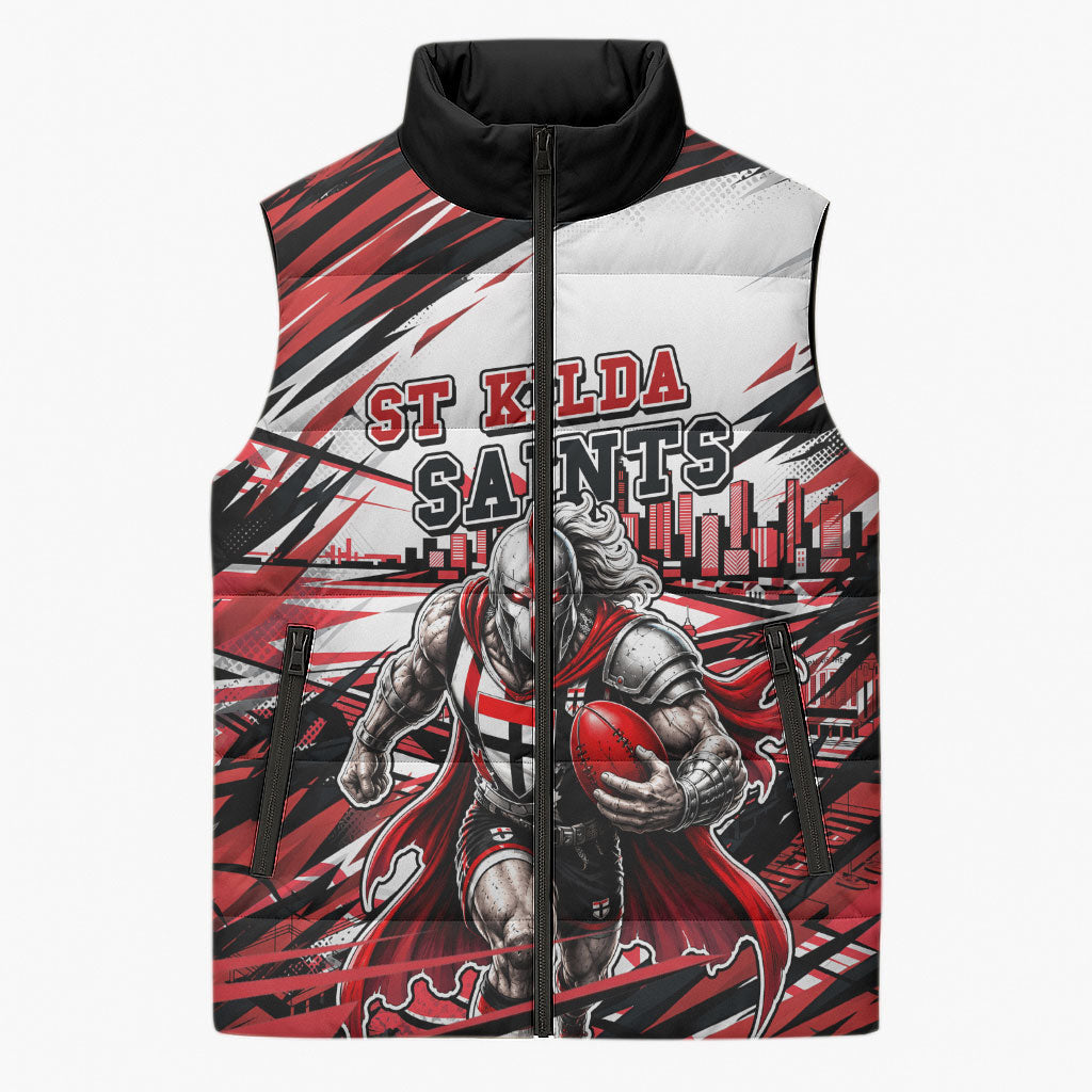 Personalised St Kilda Saints Fan Pride Sleeveless Puffer Jacket Crusader Mascot Graphic Art With Melbourne City Skyline