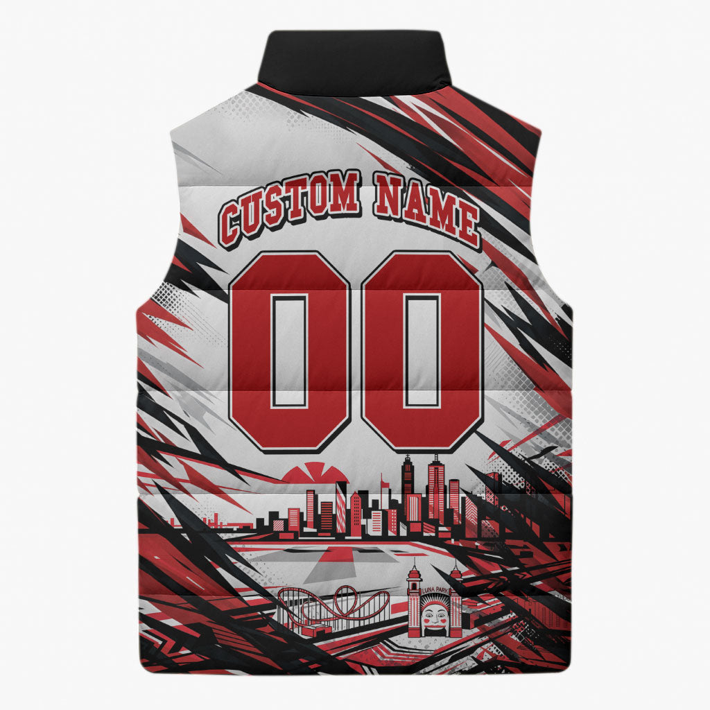 Personalised St Kilda Saints Fan Pride Sleeveless Puffer Jacket Crusader Mascot Graphic Art With Melbourne City Skyline