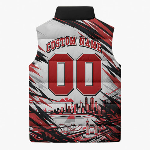 Personalised St Kilda Saints Fan Pride Sleeveless Puffer Jacket Crusader Mascot Graphic Art With Melbourne City Skyline