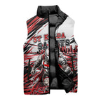 Personalised St Kilda Saints Fan Pride Sleeveless Puffer Jacket Crusader Mascot Graphic Art With Melbourne City Skyline
