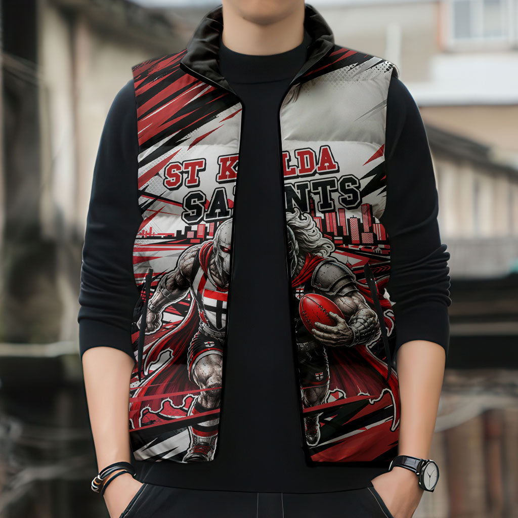 Personalised St Kilda Saints Fan Pride Sleeveless Puffer Jacket Crusader Mascot Graphic Art With Melbourne City Skyline