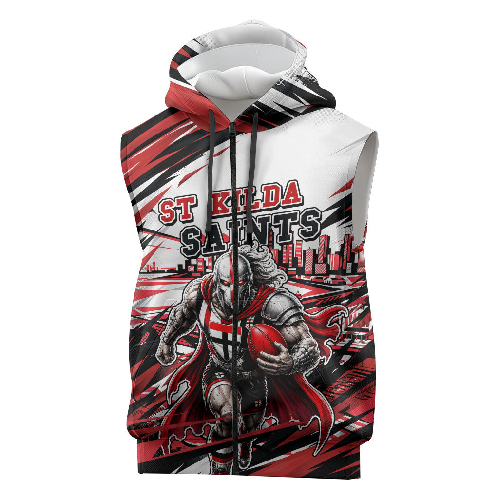 Personalised St Kilda Saints Fan Pride Sleeveless Zip Hoodie Crusader Mascot Graphic Art With Melbourne City Skyline