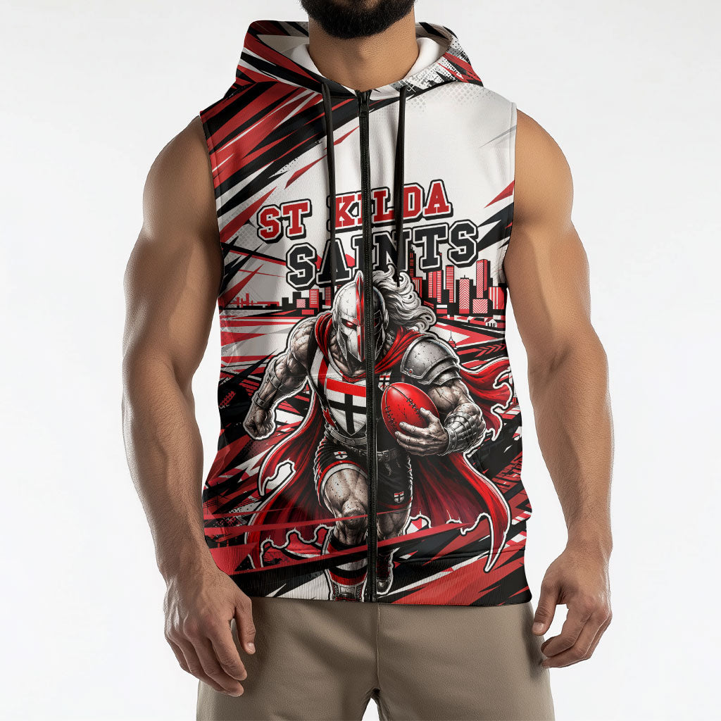 Personalised St Kilda Saints Fan Pride Sleeveless Zip Hoodie Crusader Mascot Graphic Art With Melbourne City Skyline