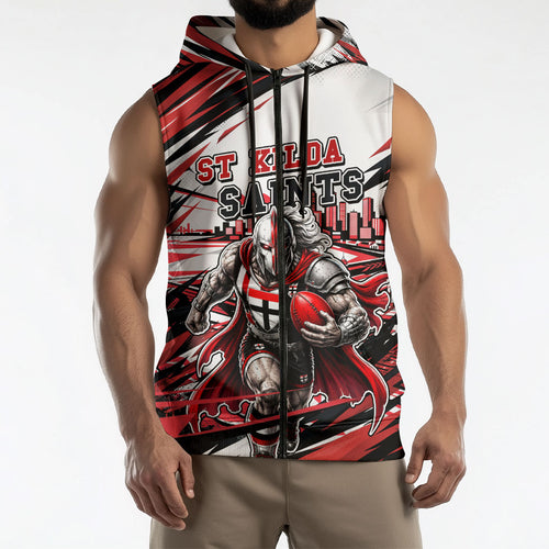 Personalised St Kilda Saints Fan Pride Sleeveless Zip Hoodie Crusader Mascot Graphic Art With Melbourne City Skyline