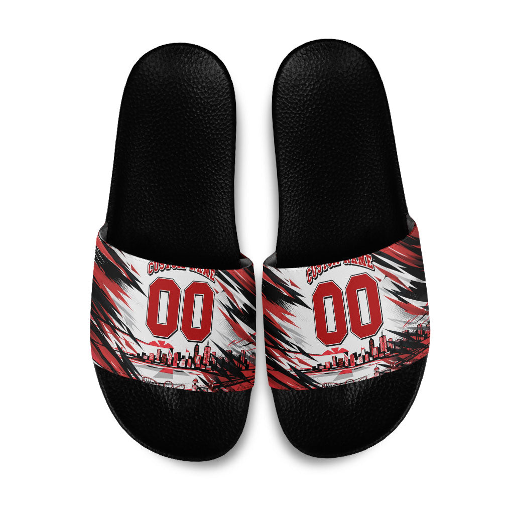 Personalised St Kilda Saints Fan Pride Slide Sandals Crusader Mascot Graphic Art With Melbourne City Skyline