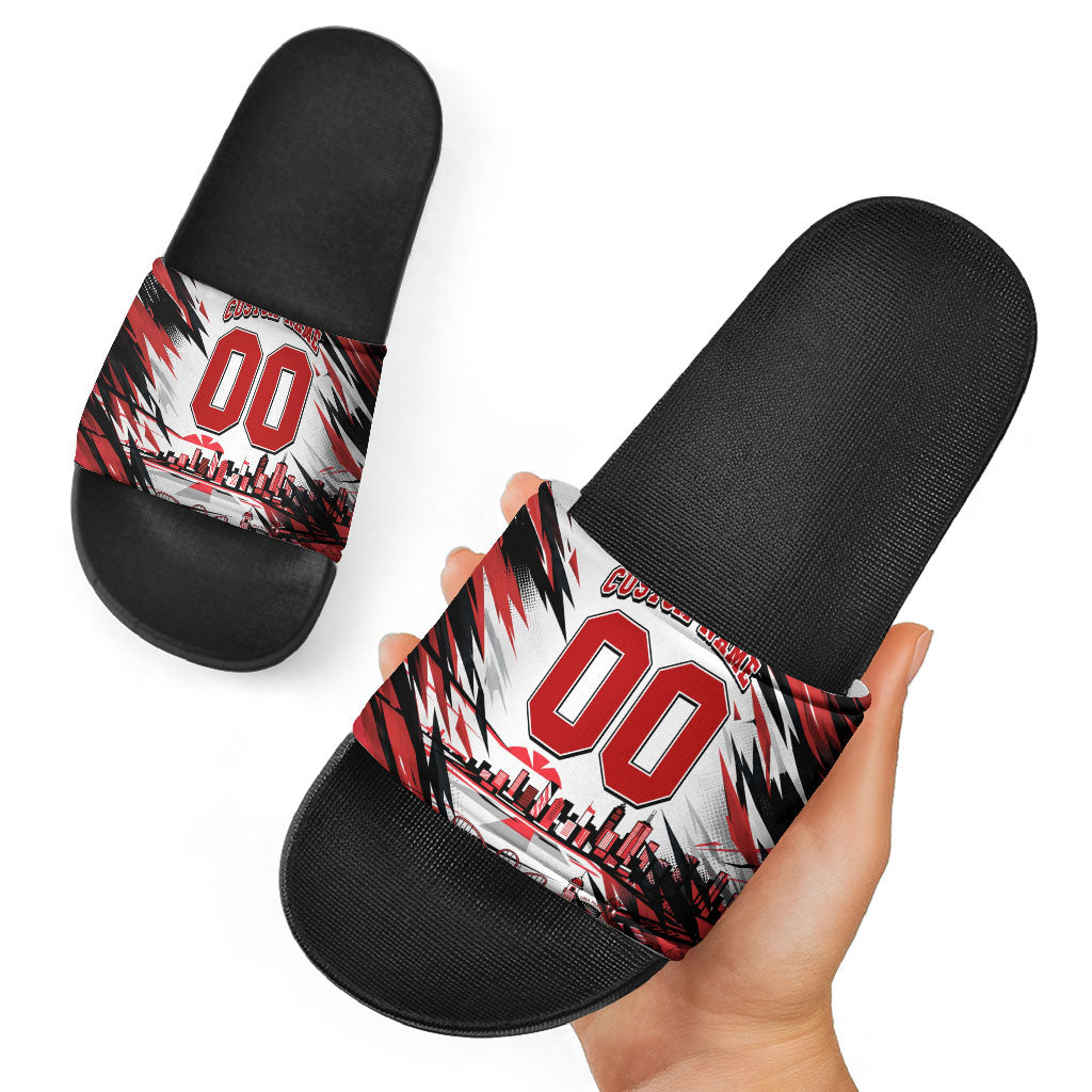 Personalised St Kilda Saints Fan Pride Slide Sandals Crusader Mascot Graphic Art With Melbourne City Skyline