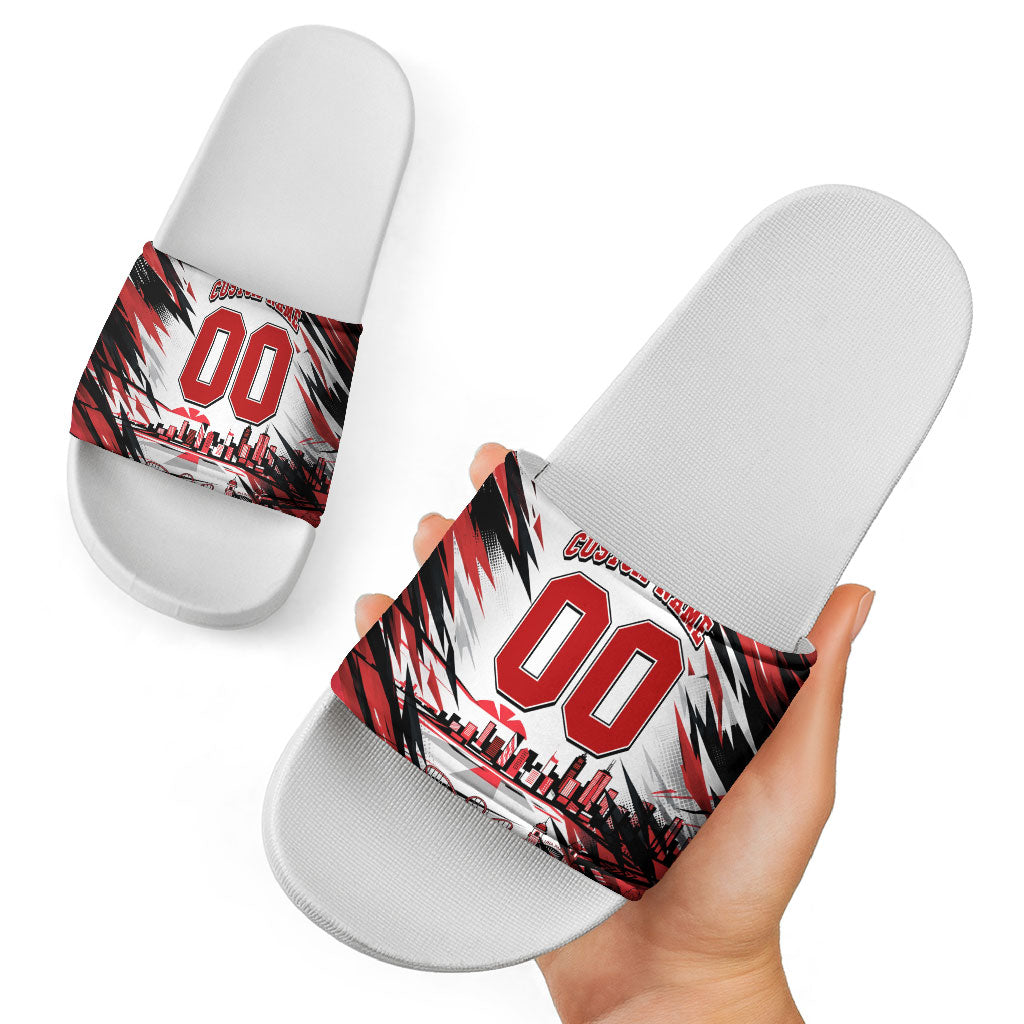 Personalised St Kilda Saints Fan Pride Slide Sandals Crusader Mascot Graphic Art With Melbourne City Skyline