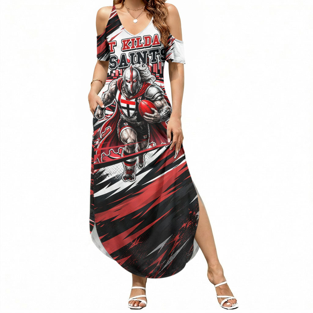Personalised St Kilda Saints Fan Pride Summer Maxi Dress Crusader Mascot Graphic Art With Melbourne City Skyline