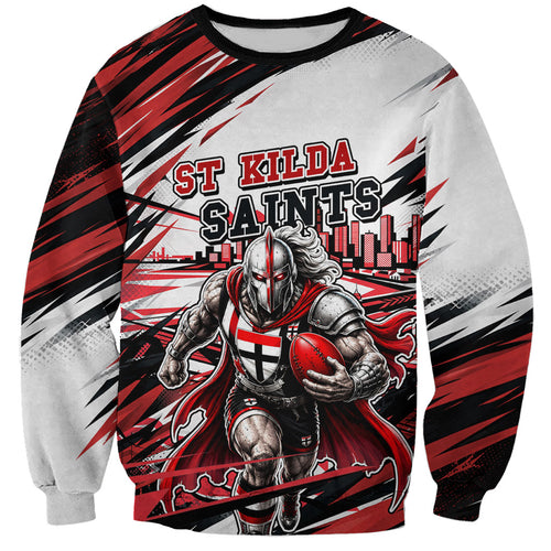 Personalised St Kilda Saints Fan Pride Sweatshirt Crusader Mascot Graphic Art With Melbourne City Skyline
