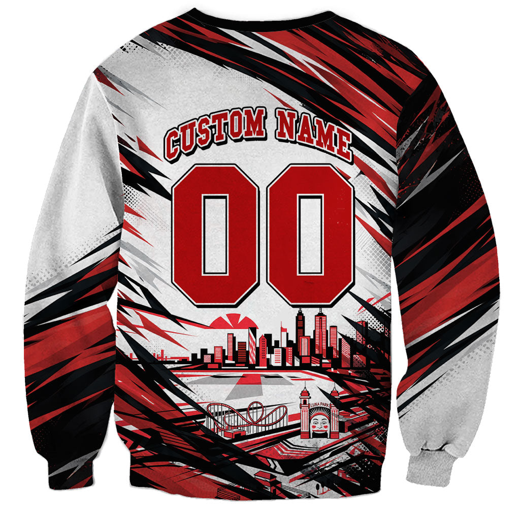Personalised St Kilda Saints Fan Pride Sweatshirt Crusader Mascot Graphic Art With Melbourne City Skyline