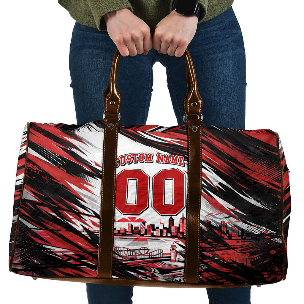Personalised St Kilda Saints Fan Pride Travel Bag Crusader Mascot Graphic Art With Melbourne City Skyline