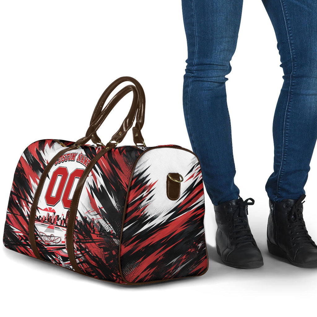 Personalised St Kilda Saints Fan Pride Travel Bag Crusader Mascot Graphic Art With Melbourne City Skyline