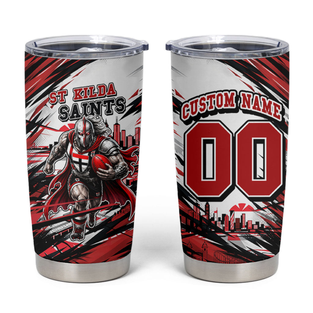 Personalised St Kilda Saints Fan Pride Tumbler Cup Crusader Mascot Graphic Art With Melbourne City Skyline