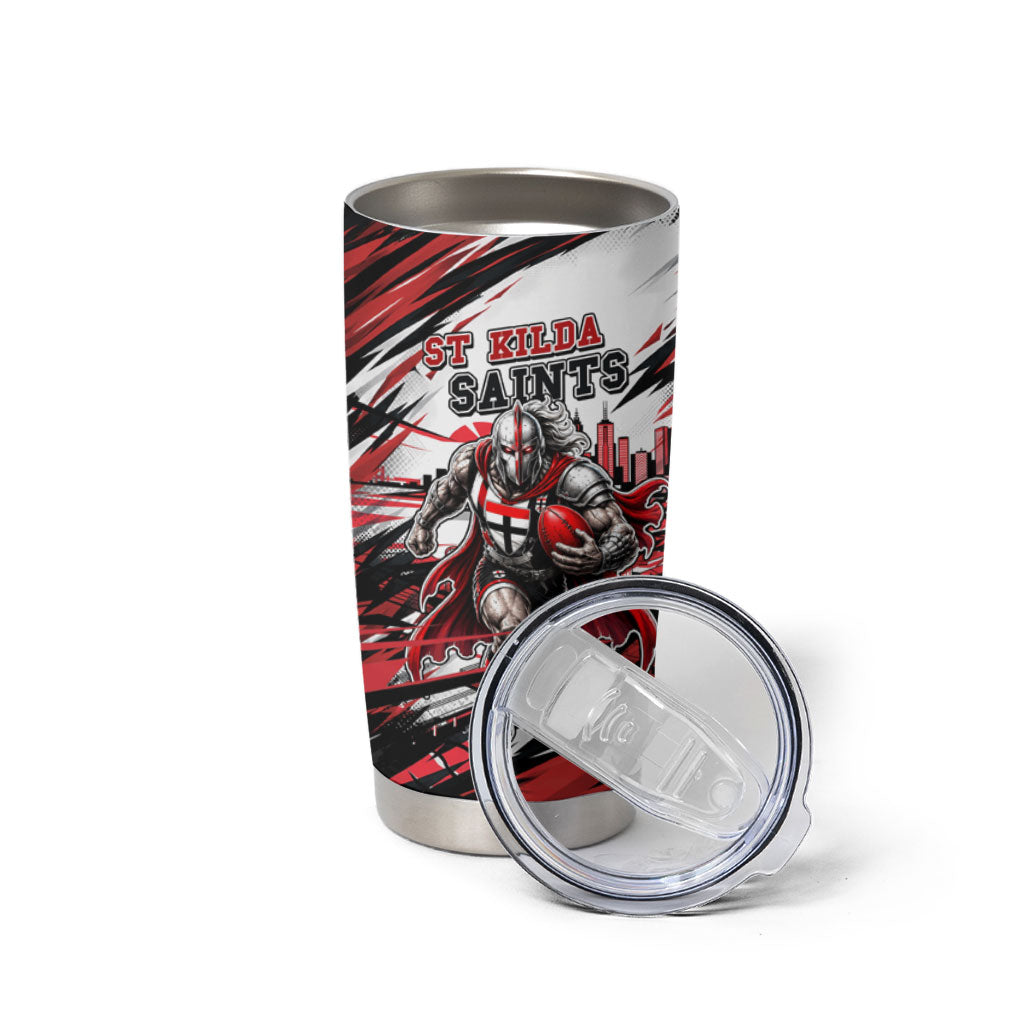 Personalised St Kilda Saints Fan Pride Tumbler Cup Crusader Mascot Graphic Art With Melbourne City Skyline