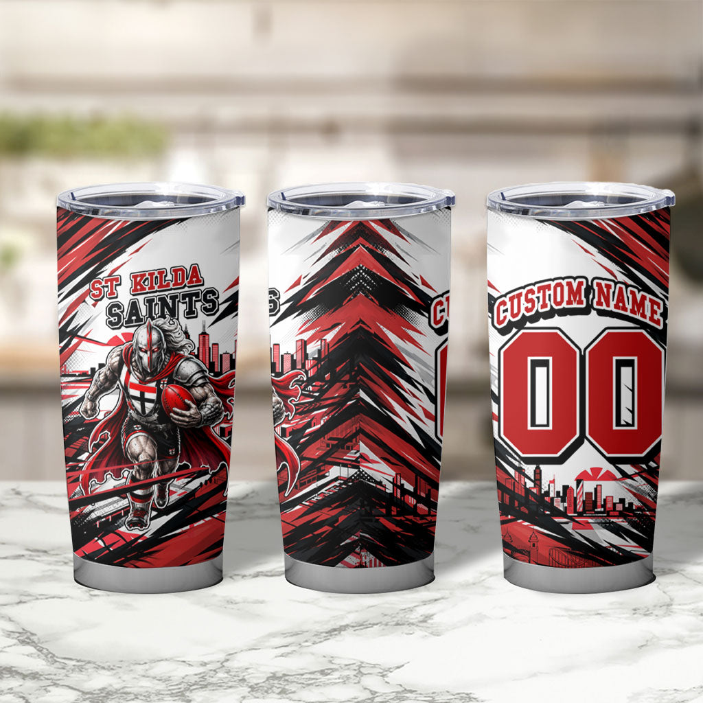 Personalised St Kilda Saints Fan Pride Tumbler Cup Crusader Mascot Graphic Art With Melbourne City Skyline