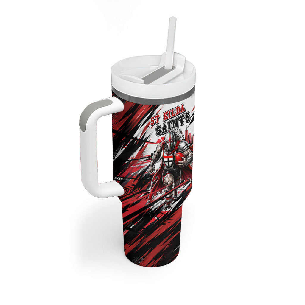 Personalised St Kilda Saints Fan Pride Tumbler With Handle Crusader Mascot Graphic Art With Melbourne City Skyline