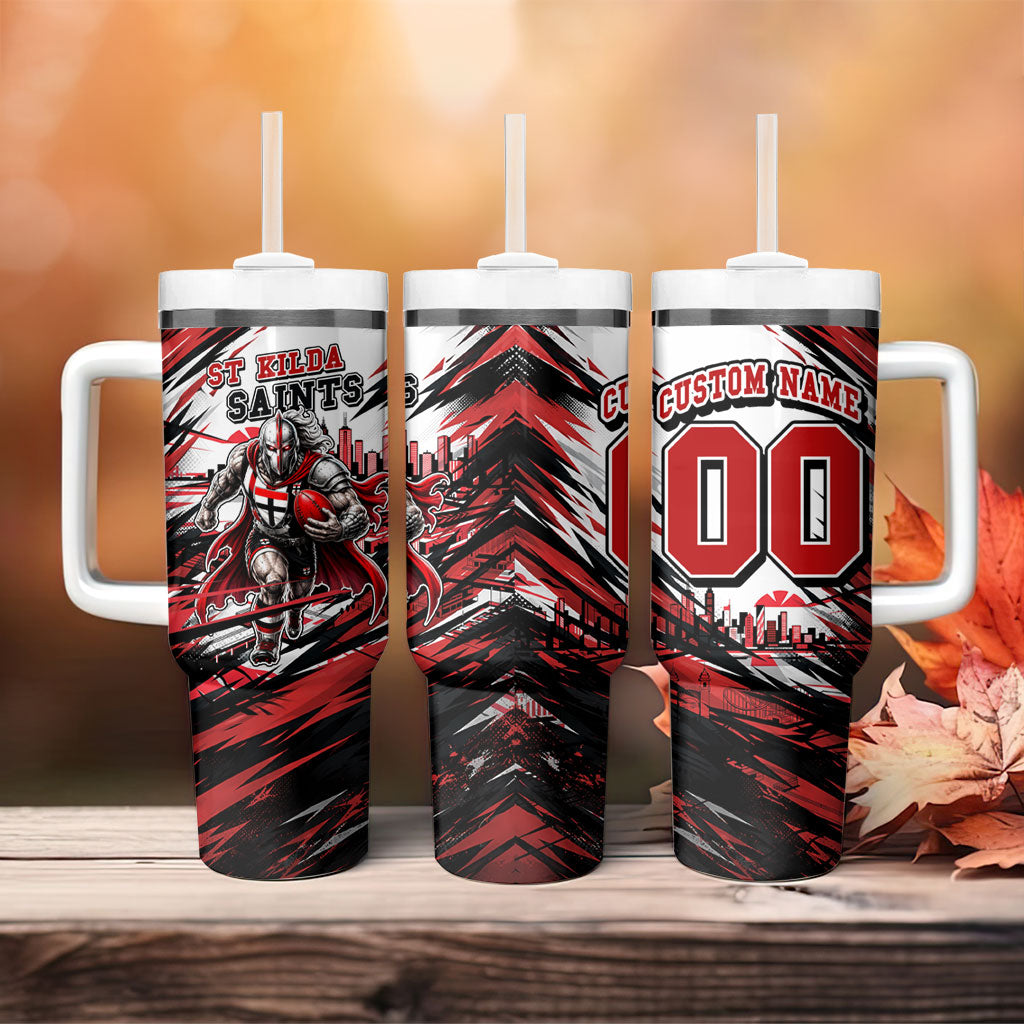 Personalised St Kilda Saints Fan Pride Tumbler With Handle Crusader Mascot Graphic Art With Melbourne City Skyline