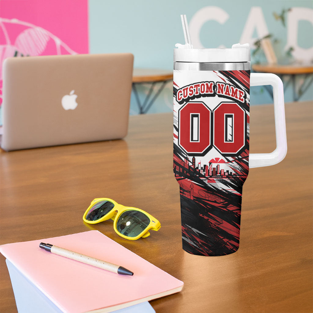 Personalised St Kilda Saints Fan Pride Tumbler With Handle Crusader Mascot Graphic Art With Melbourne City Skyline