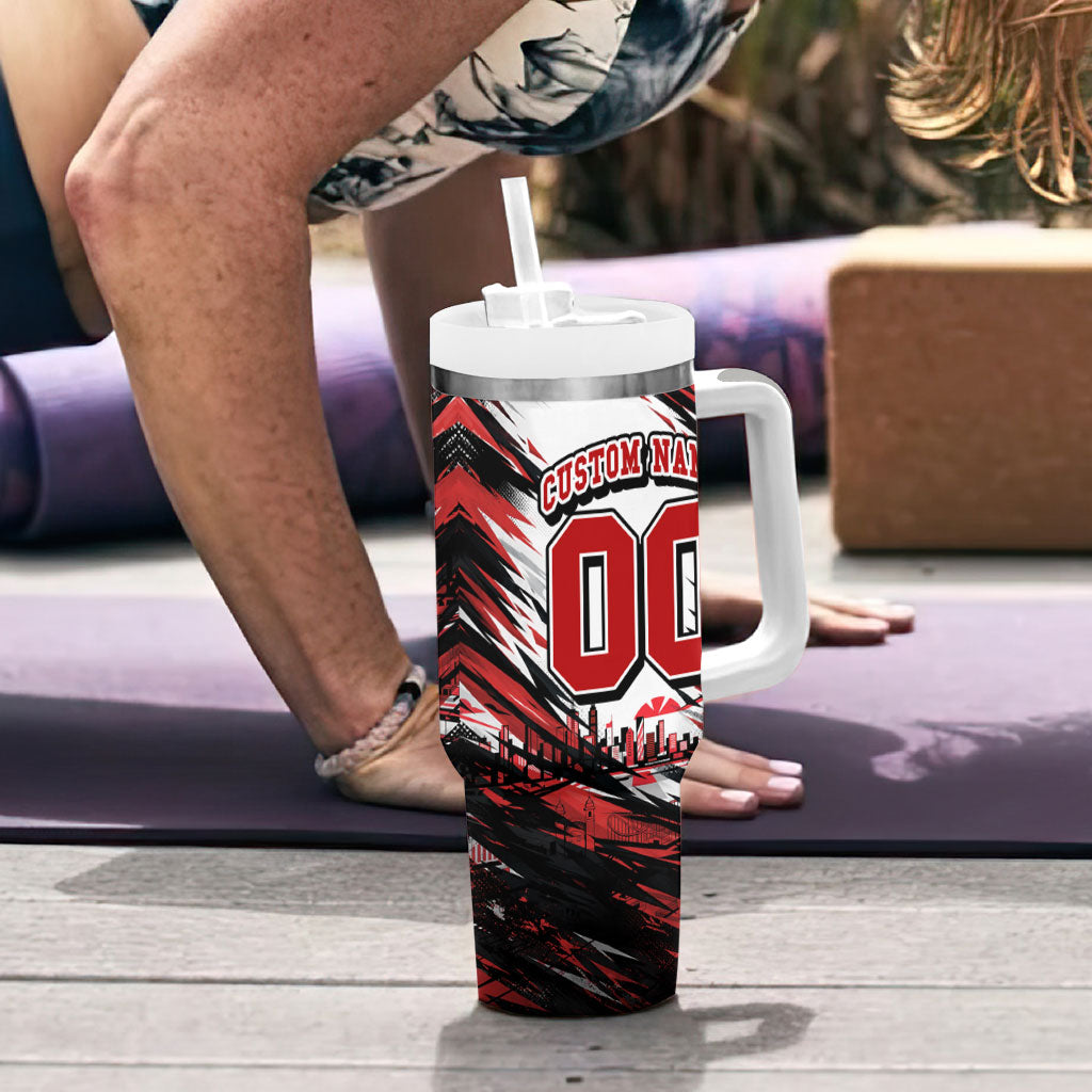 Personalised St Kilda Saints Fan Pride Tumbler With Handle Crusader Mascot Graphic Art With Melbourne City Skyline