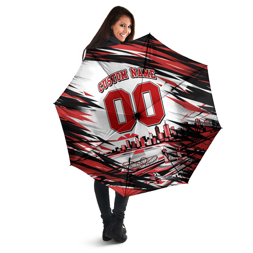 Personalised St Kilda Saints Fan Pride Umbrella Crusader Mascot Graphic Art With Melbourne City Skyline