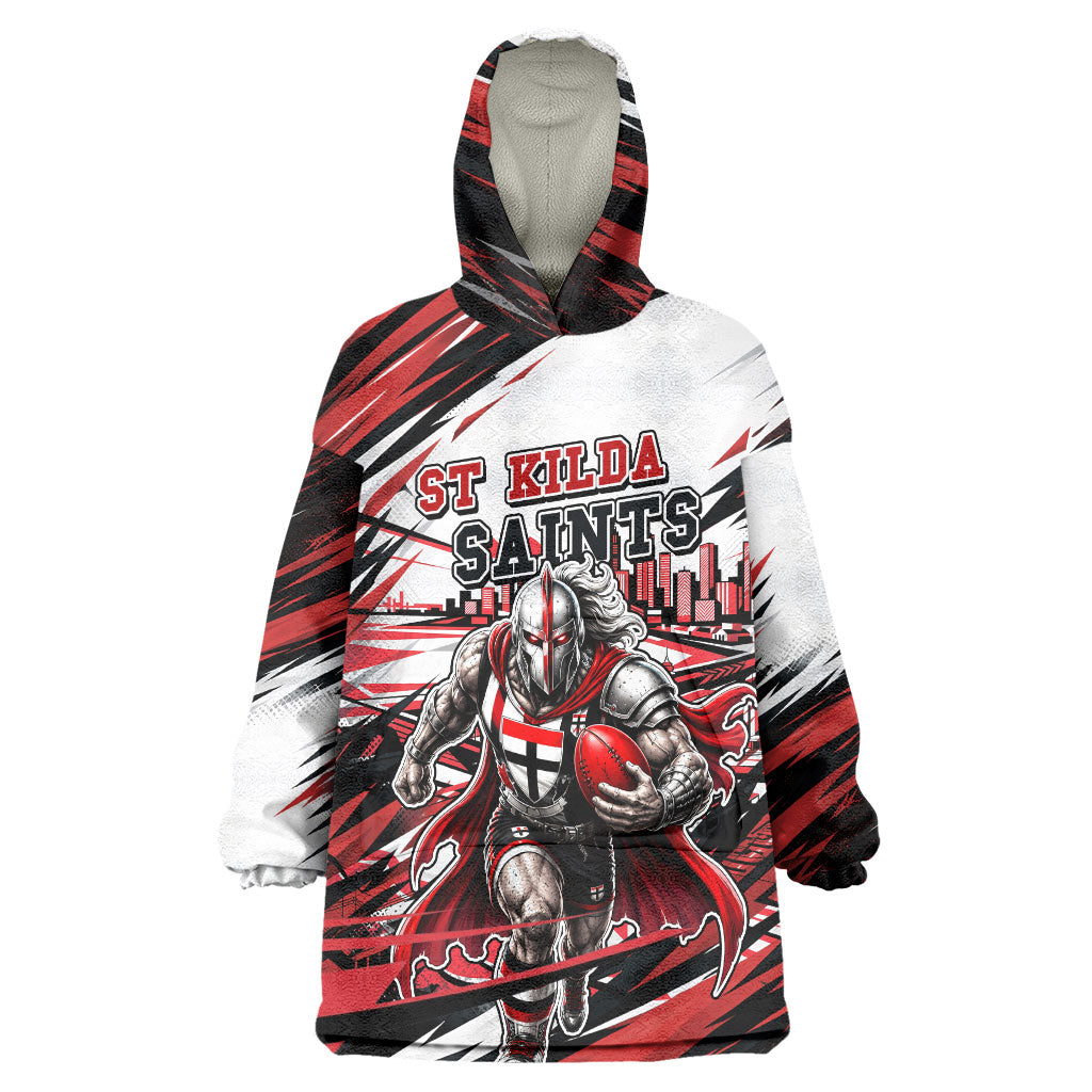 Personalised St Kilda Saints Fan Pride Wearable Blanket Hoodie Crusader Mascot Graphic Art With Melbourne City Skyline