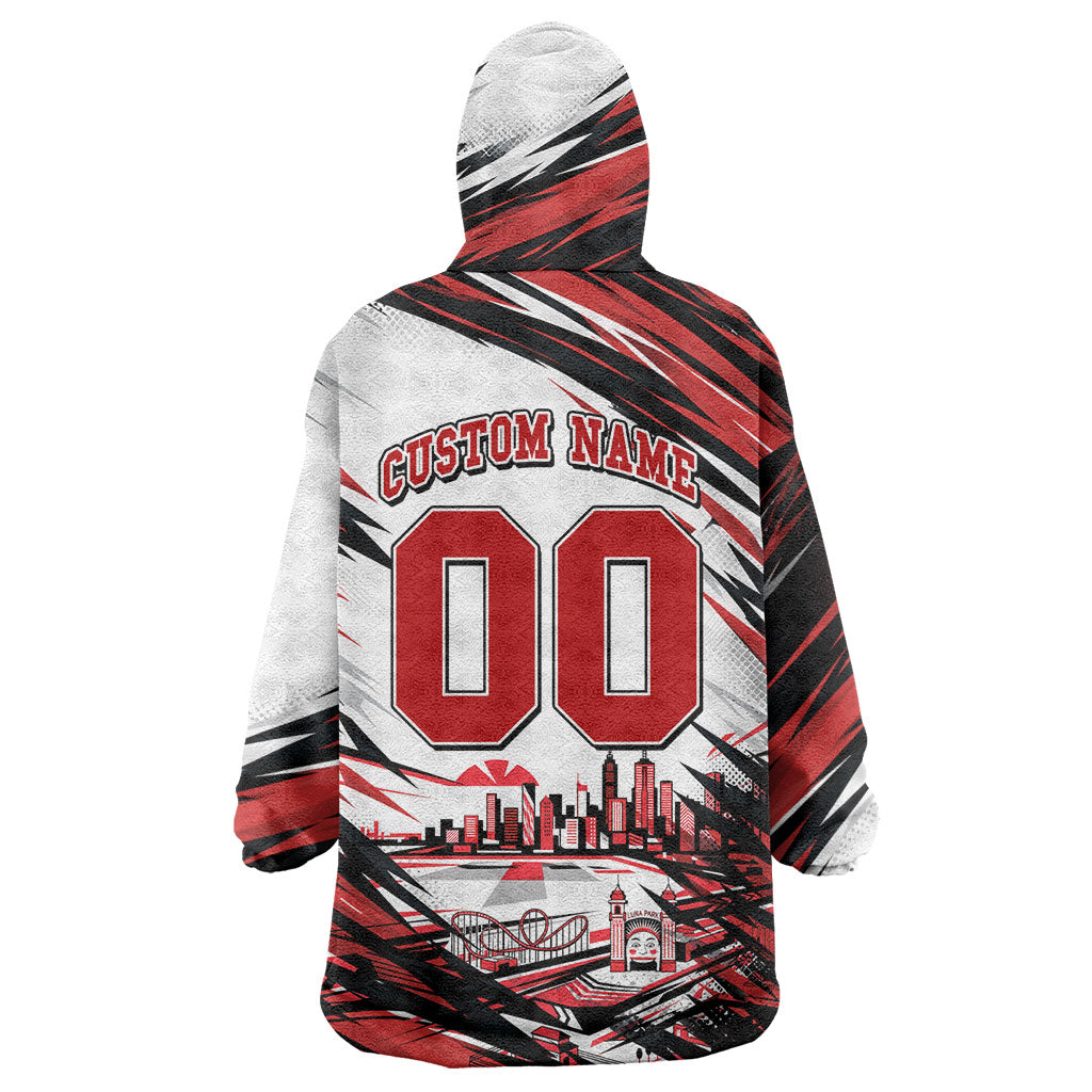 Personalised St Kilda Saints Fan Pride Wearable Blanket Hoodie Crusader Mascot Graphic Art With Melbourne City Skyline