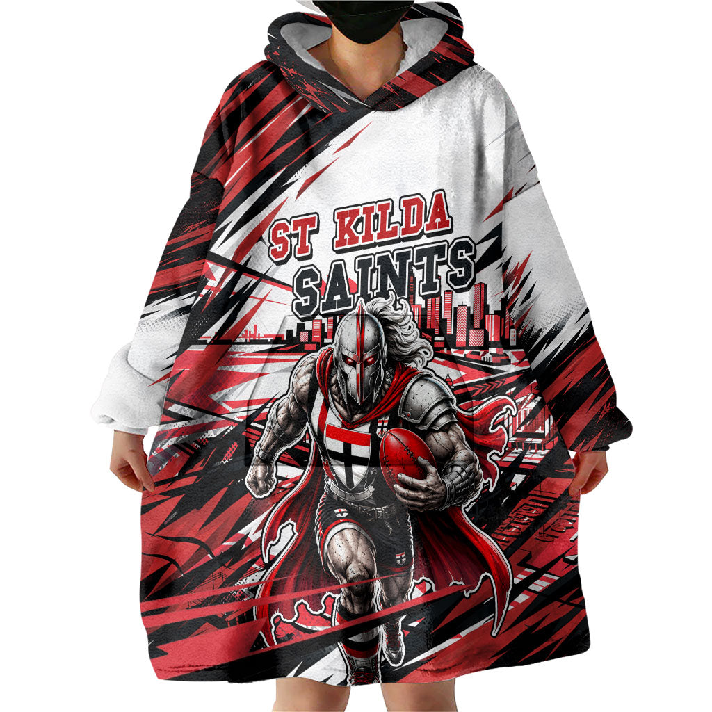 Personalised St Kilda Saints Fan Pride Wearable Blanket Hoodie Crusader Mascot Graphic Art With Melbourne City Skyline