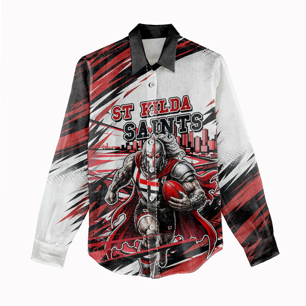 Personalised St Kilda Saints Fan Pride Women Casual Shirt Crusader Mascot Graphic Art With Melbourne City Skyline