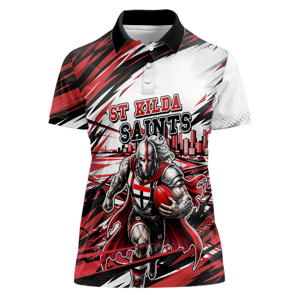 Personalised St Kilda Saints Fan Pride Women Polo Shirt Crusader Mascot Graphic Art With Melbourne City Skyline