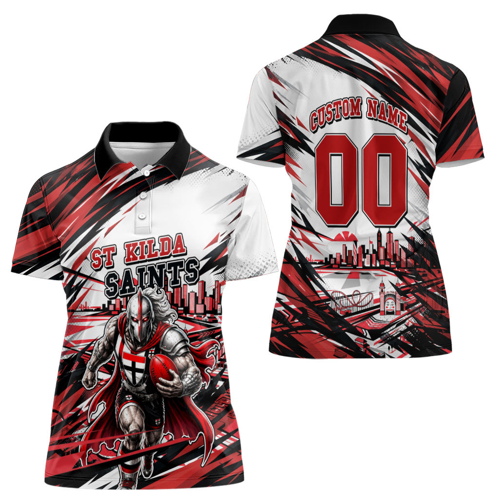 Personalised St Kilda Saints Fan Pride Women Polo Shirt Crusader Mascot Graphic Art With Melbourne City Skyline