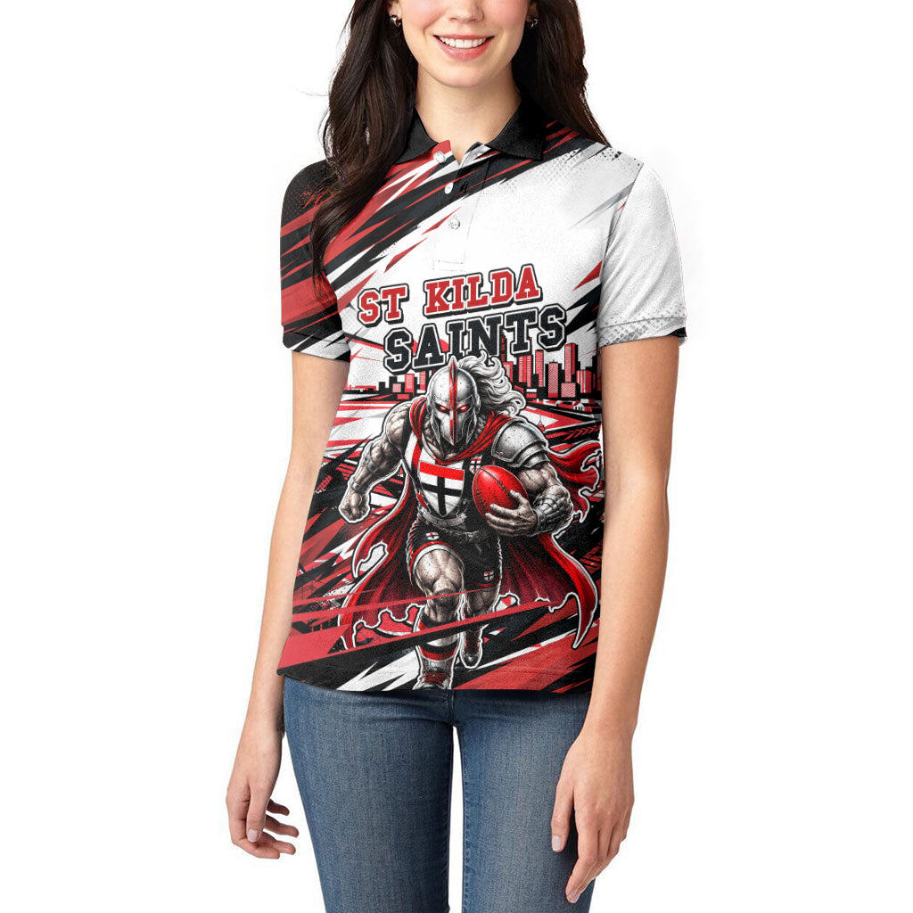 Personalised St Kilda Saints Fan Pride Women Polo Shirt Crusader Mascot Graphic Art With Melbourne City Skyline