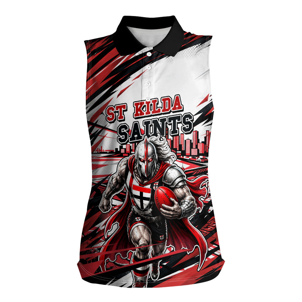 Personalised St Kilda Saints Fan Pride Women Sleeveless Polo Shirt Crusader Mascot Graphic Art With Melbourne City Skyline
