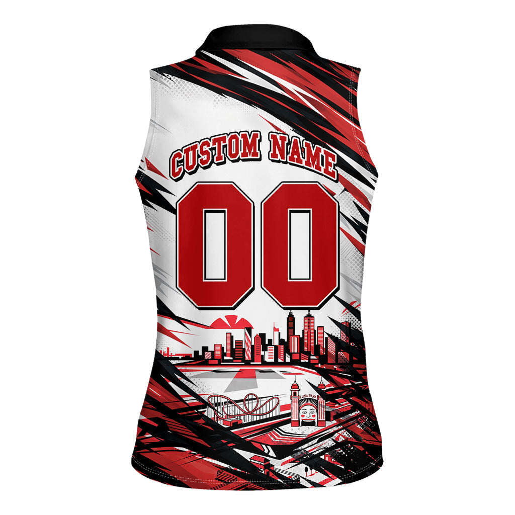 Personalised St Kilda Saints Fan Pride Women Sleeveless Polo Shirt Crusader Mascot Graphic Art With Melbourne City Skyline
