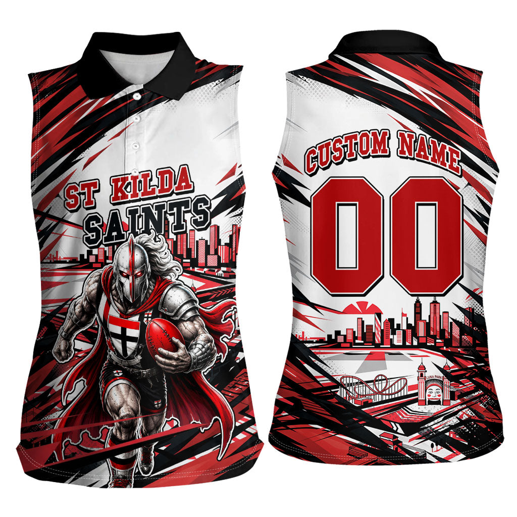 Personalised St Kilda Saints Fan Pride Women Sleeveless Polo Shirt Crusader Mascot Graphic Art With Melbourne City Skyline
