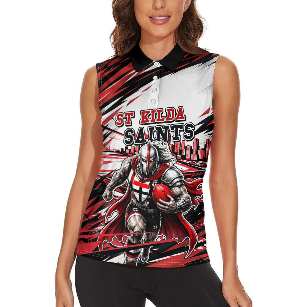 Personalised St Kilda Saints Fan Pride Women Sleeveless Polo Shirt Crusader Mascot Graphic Art With Melbourne City Skyline