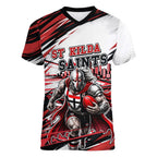 Personalised St Kilda Saints Fan Pride Women V-Neck T-Shirt Crusader Mascot Graphic Art With Melbourne City Skyline