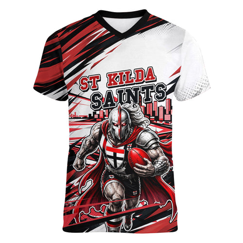 Personalised St Kilda Saints Fan Pride Women V-Neck T-Shirt Crusader Mascot Graphic Art With Melbourne City Skyline