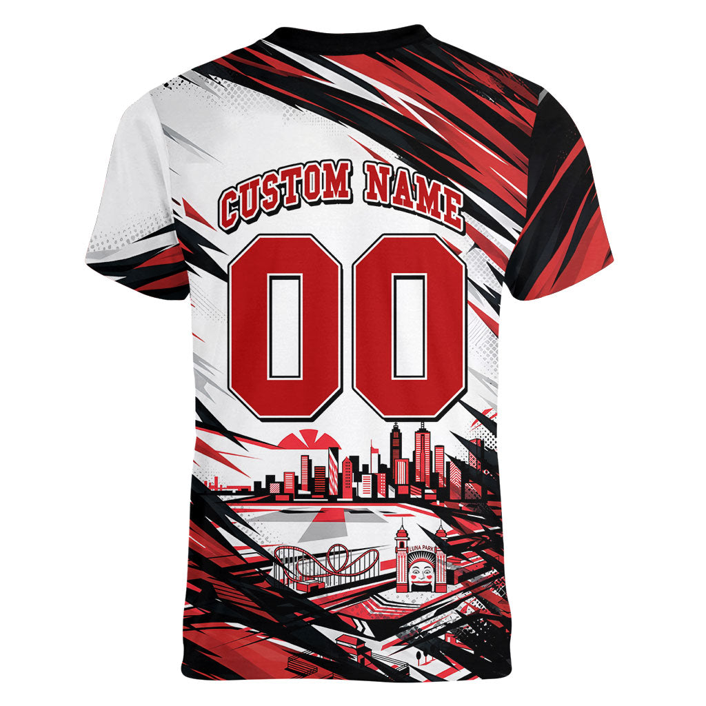 Personalised St Kilda Saints Fan Pride Women V-Neck T-Shirt Crusader Mascot Graphic Art With Melbourne City Skyline
